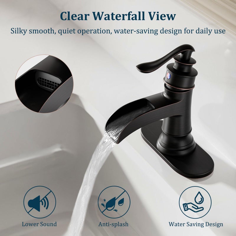 BATHLAVISH Oil Rubbed Bronze Waterfall Bathroom Faucet, Single Handle Bathroom Sink Faucet 1 Hole or 3 Hole, Vanity Sink Faucet for Vintage Antique Lavatory Washroom with Pop Up Drain, Deck, 2 Hoses - Image 4